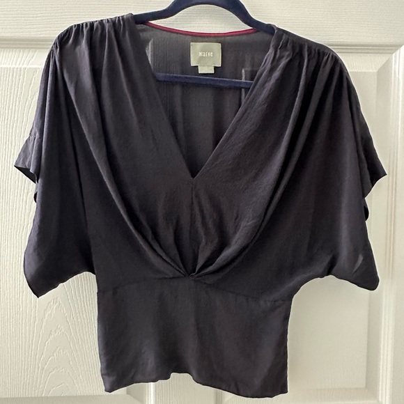 Anthropologie l 0 Maeve Lightweight Navy Silk Dolman Kimono Sleeve V-Neck Blouse - Picture 7 of 9